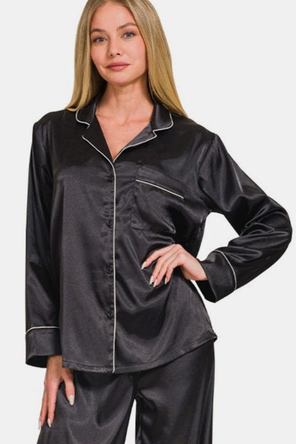 Black Satin Long Sleeve Shirt and Pants Pajama Set - Bee Creek Apparel