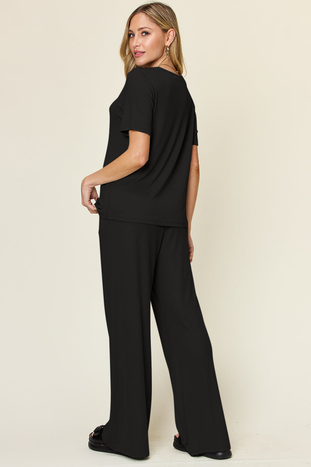 Bee Comfortable In This Round Neck Short Sleeve T-Shirt and Wide Leg Pants Set