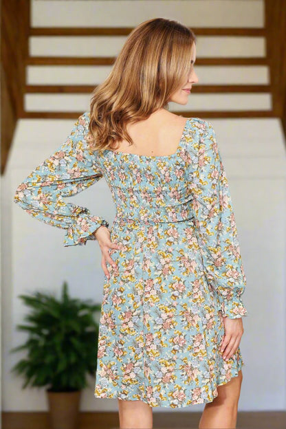 Honey Floral Smocked Flounce Sleeve Square Neck Dress