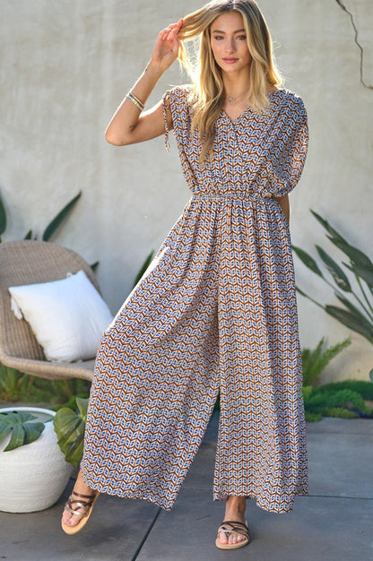 Printed V-Neck Sleeveless Jumpsuit - Bee Creek Apparel