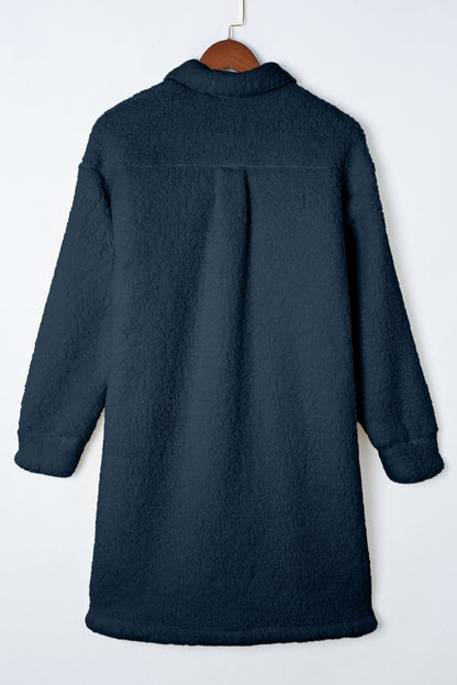 Blue Contrast Flap Pocket Single Breasted Teddy Coat