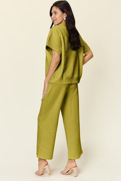 Do A Double Take Texture Half Zip Short Sleeve Top and Pants Set