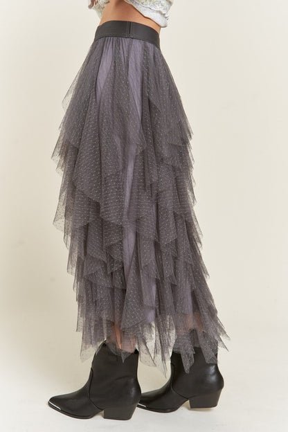 Polka Dot Mesh Lined A-Line Midi Skirt