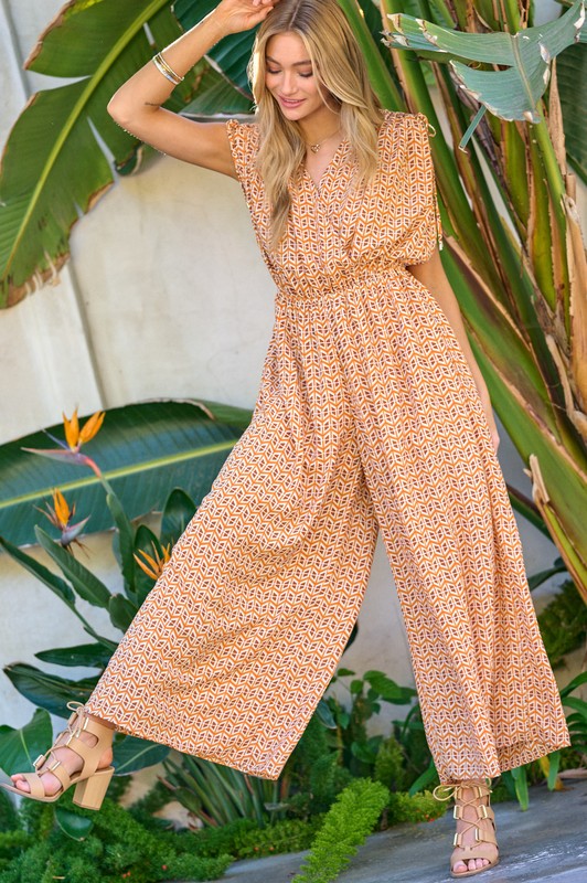 Printed V-Neck Sleeveless Jumpsuit - Bee Creek Apparel