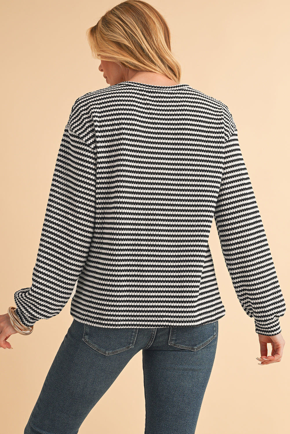 Rose Stripe Round Neck Drop Shoulder Long Sleeve Top