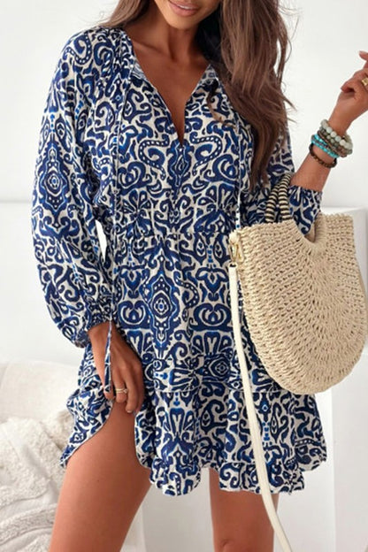 Print Lace-up V Neck Long Sleeve Mini Dress - Bee Creek Apparel