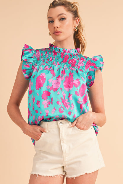 Green Floral Print Ruffled Flutter Shoulder Smocked Blouse