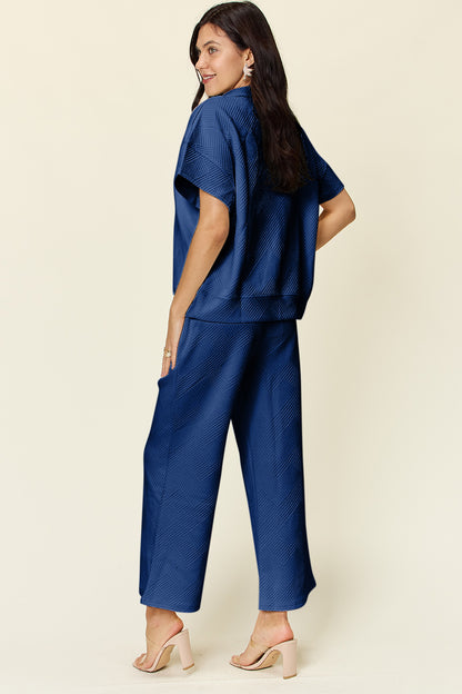 Do A Double Take Texture Half Zip Short Sleeve Top and Pants Set