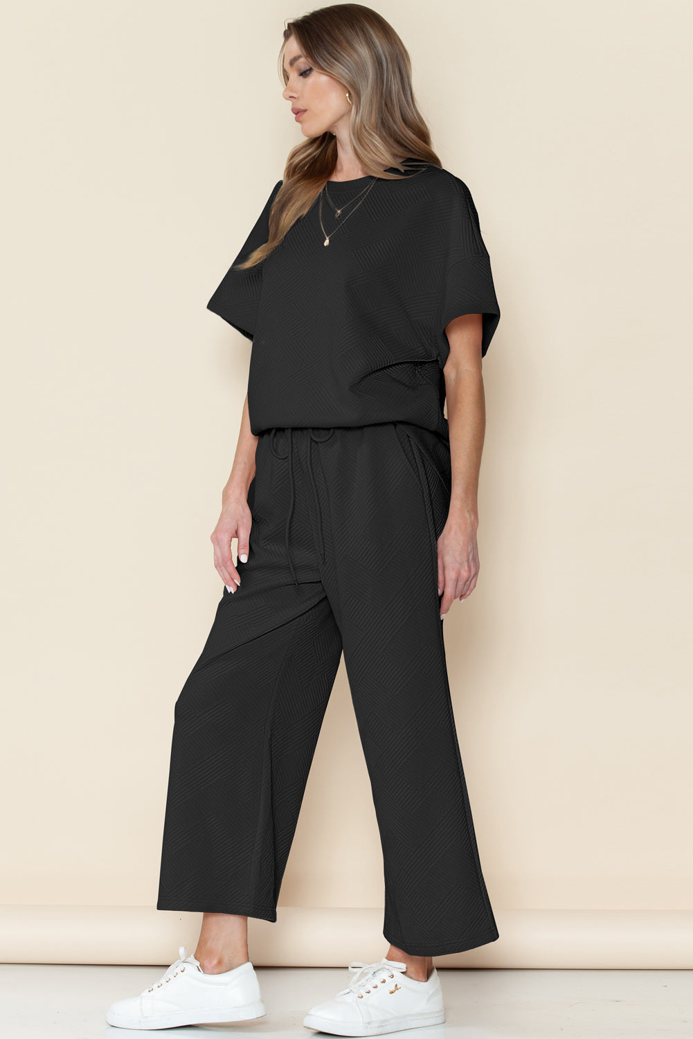 Textured Loose Fit T Shirt & Drawstring Pants Set