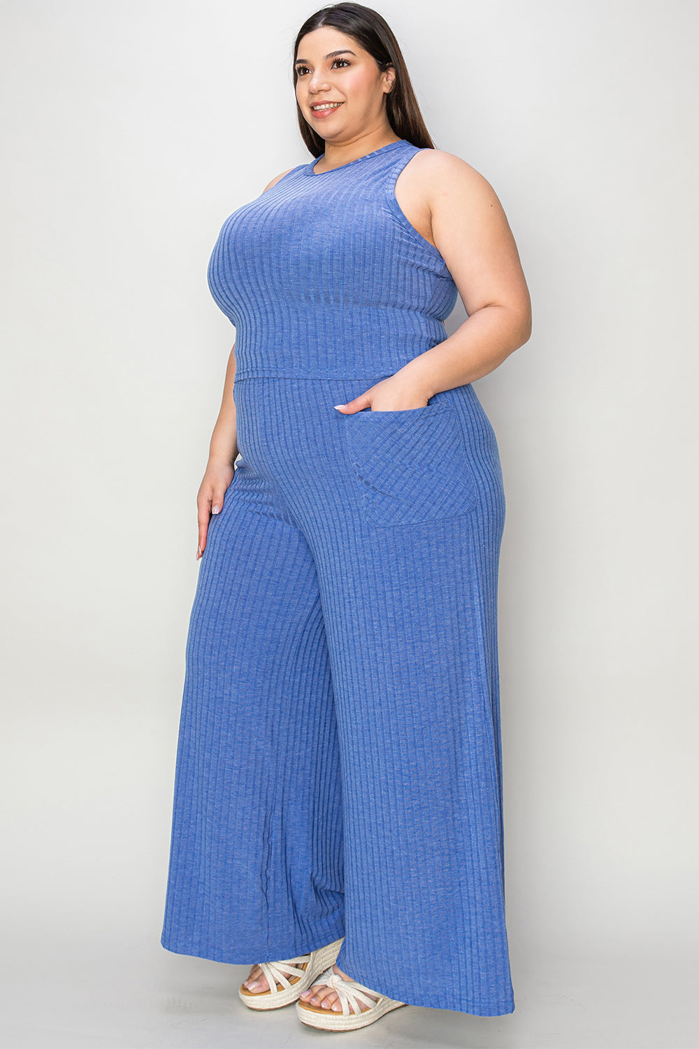 Basic Bee Ribbed Tank and Wide Leg Pants Set