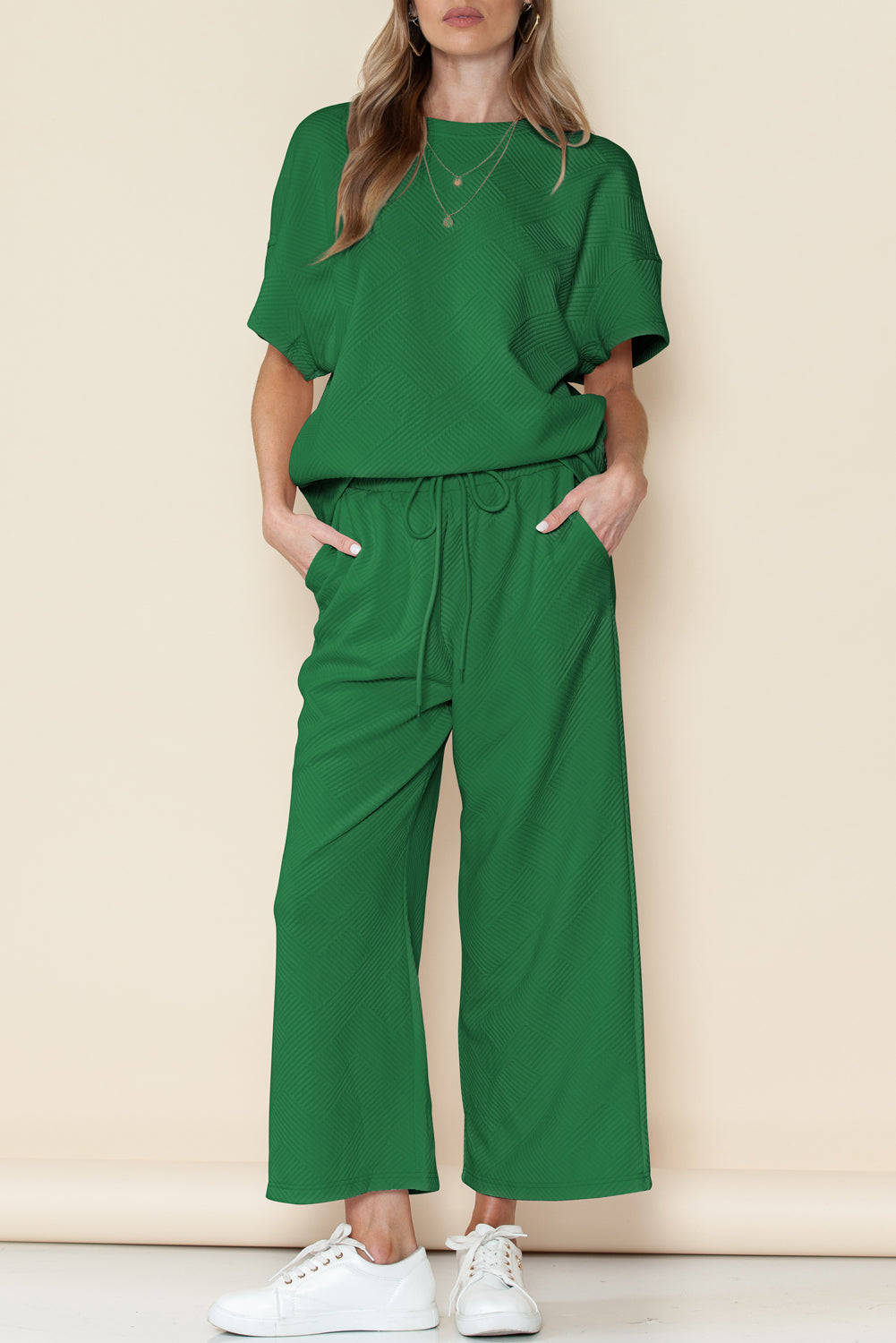 Textured Loose Fit T Shirt & Drawstring Pants Set