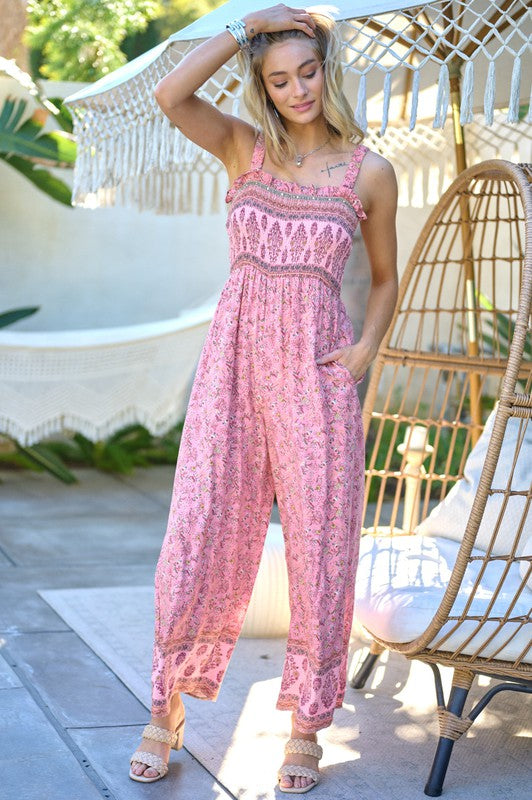 Floral Smocked Detail With Ruffle Jumpsuit - Bee Creek Apparel