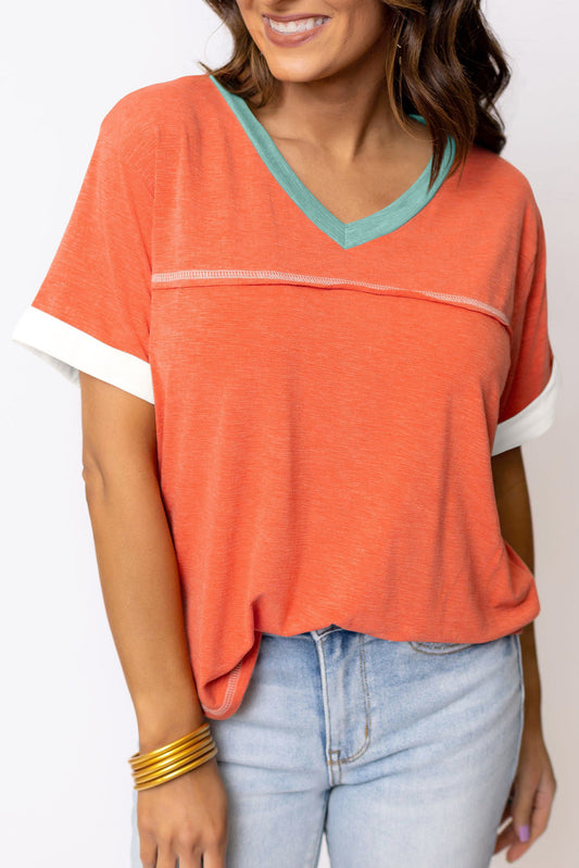 Grapefruit Orange Contrast Trim Exposed Seam V Neck T Shirt