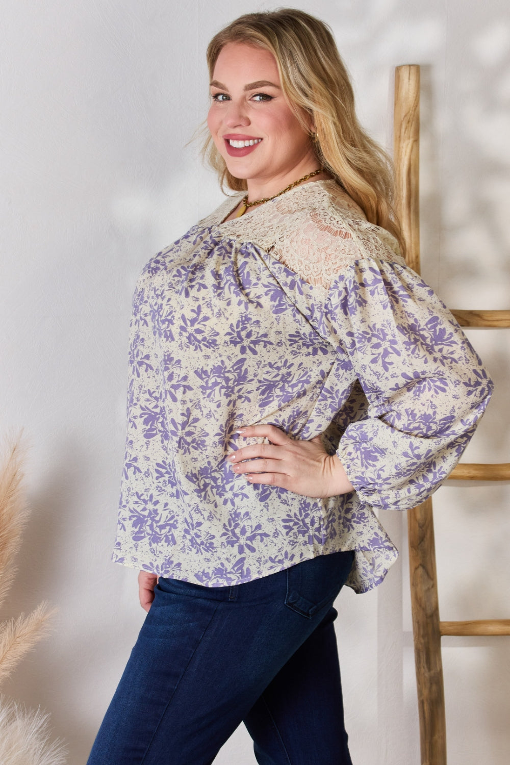 Hailey & Co Full Size Lace Accents Printed Blouse