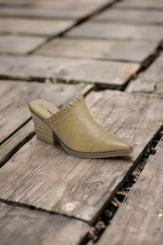 Point Your Way With Our Pointy Toe Slip On Mules in Taupe