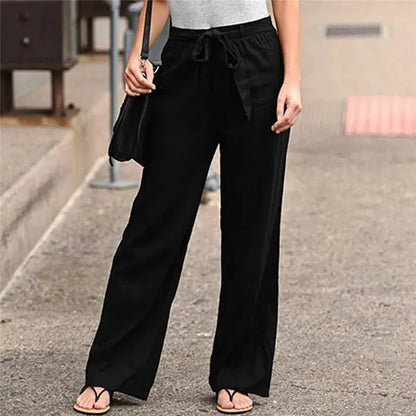 Summer Ready Solid Color Linen Full Length Pants With Belt