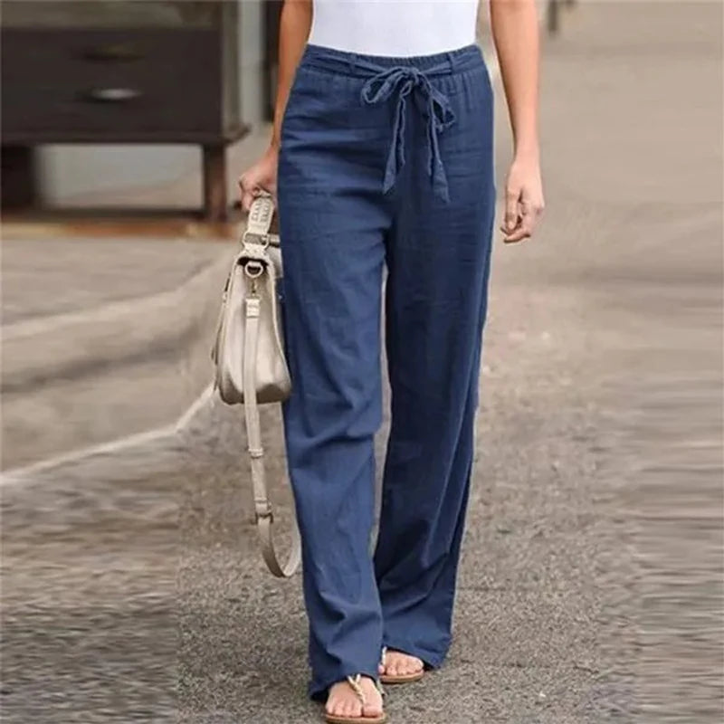 Summer Ready Solid Color Linen Full Length Pants With Belt