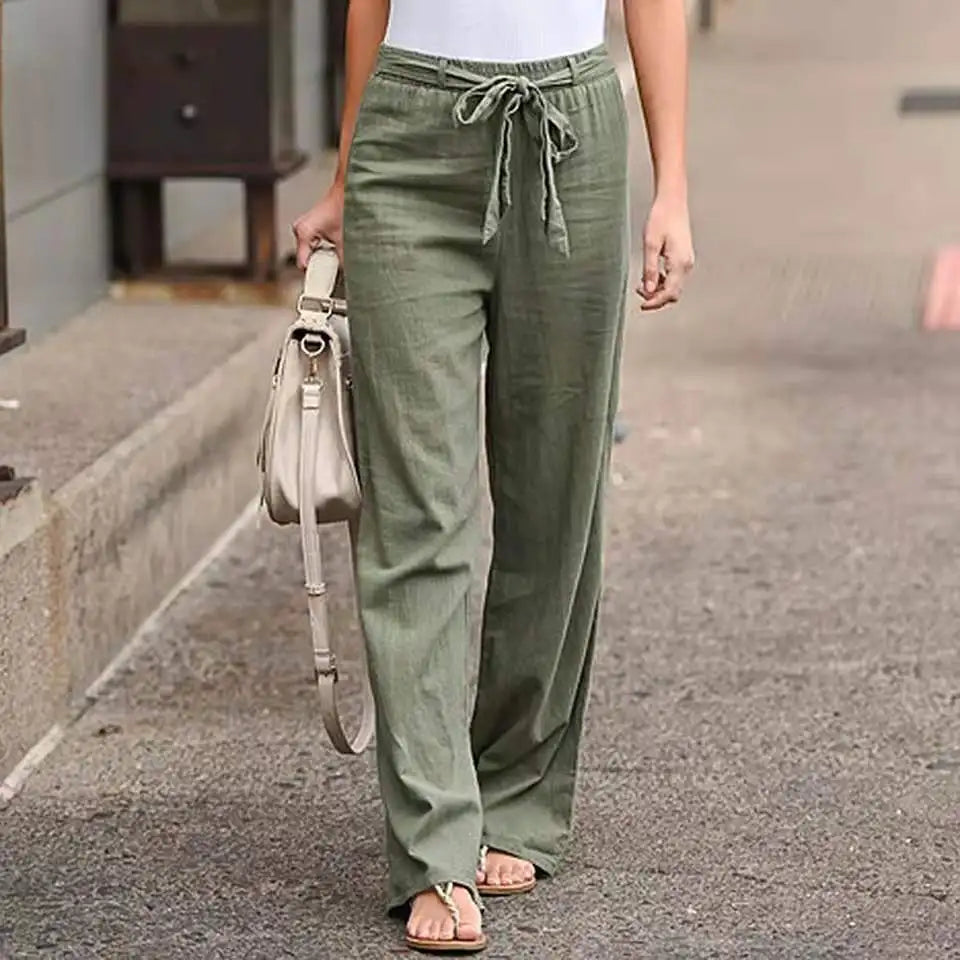 Summer Ready Solid Color Linen Full Length Pants With Belt