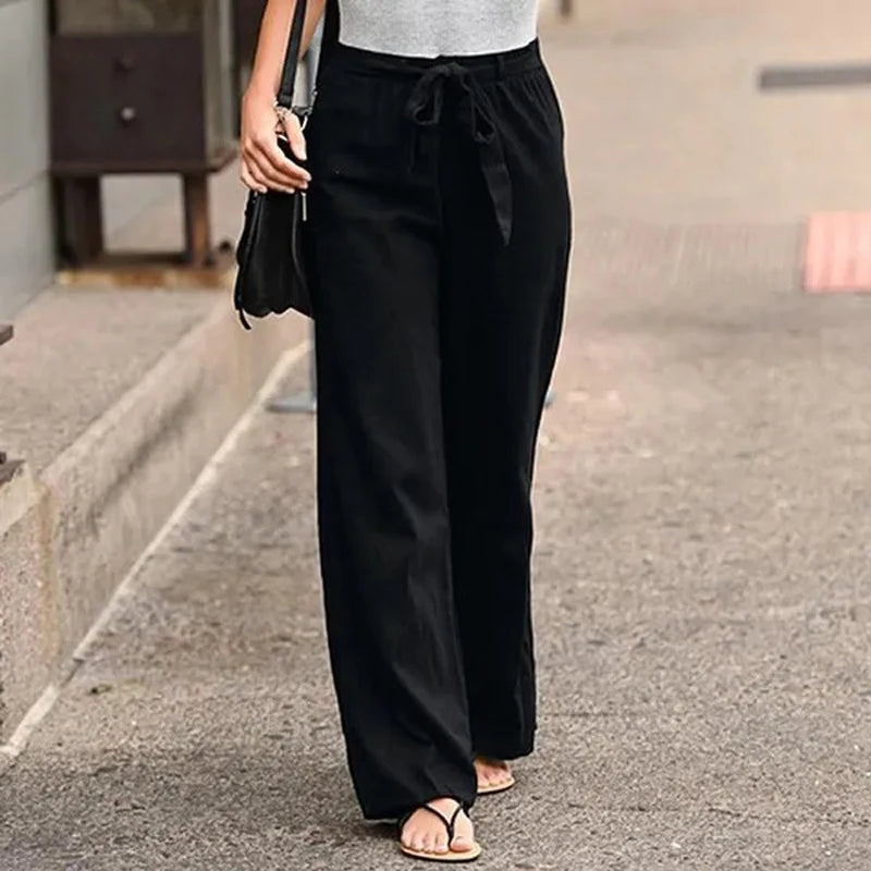 Summer Ready Solid Color Linen Full Length Pants With Belt