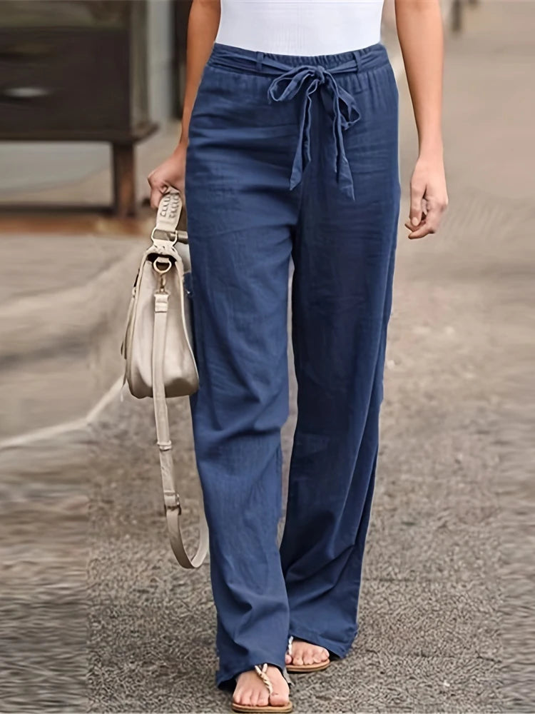 Summer Ready Solid Color Linen Full Length Pants With Belt