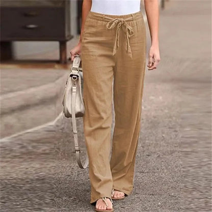 Summer Ready Solid Color Linen Full Length Pants With Belt