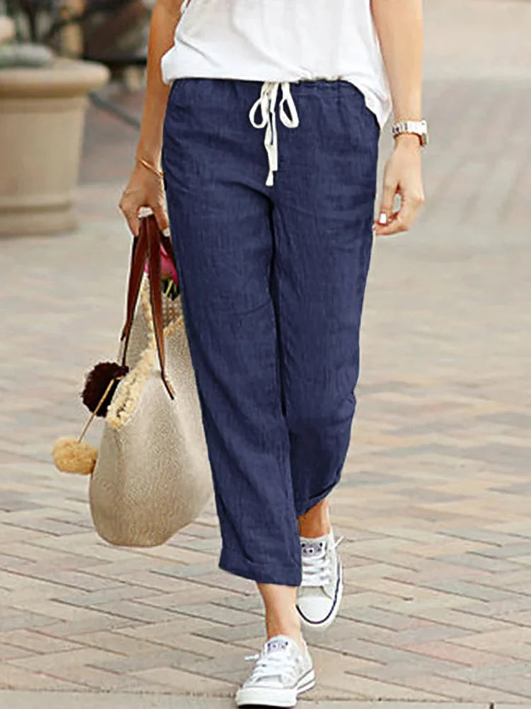 Causal Cropped Pants With Elastic Waist & Pockets