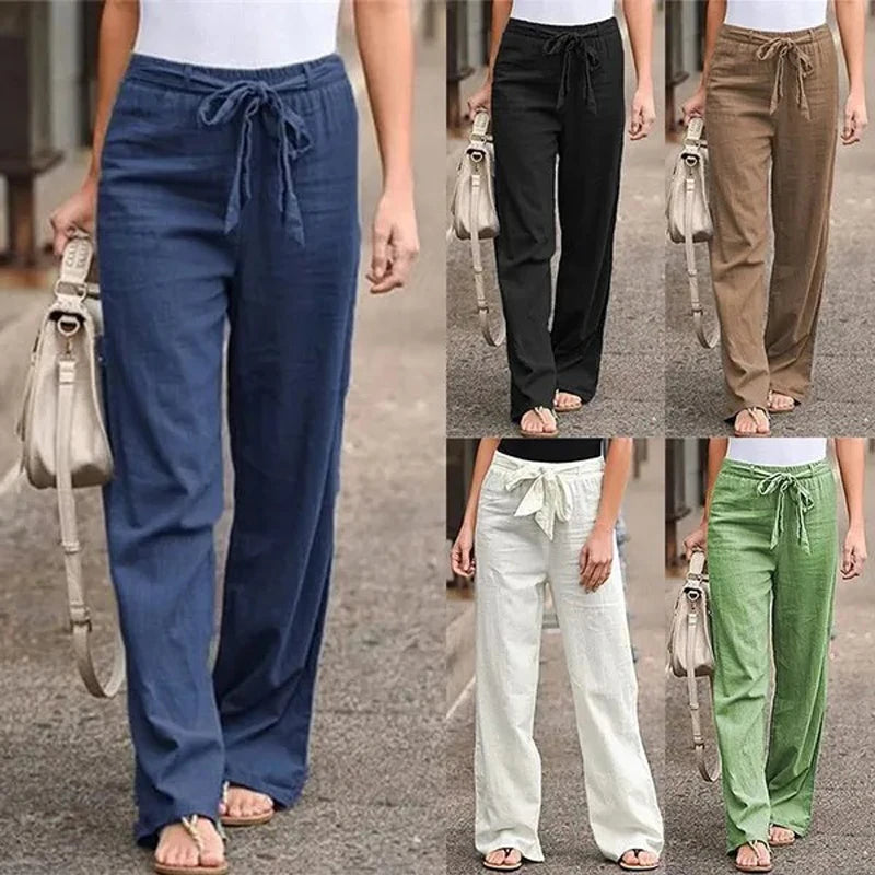 Summer Ready Solid Color Linen Full Length Pants With Belt