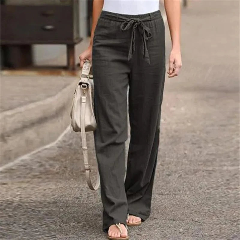 Summer Ready Solid Color Linen Full Length Pants With Belt