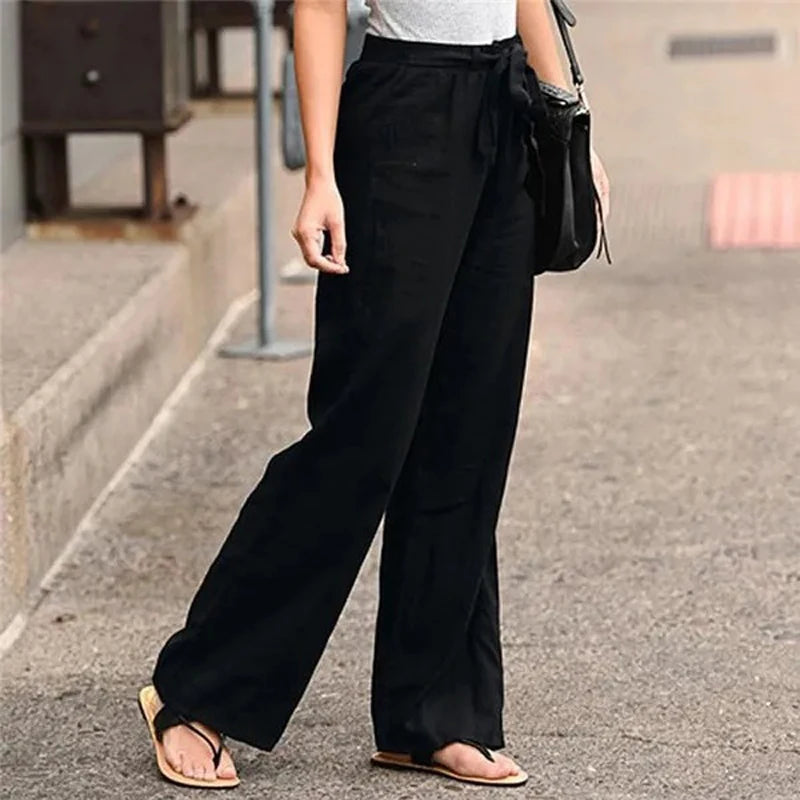 Summer Ready Solid Color Linen Full Length Pants With Belt