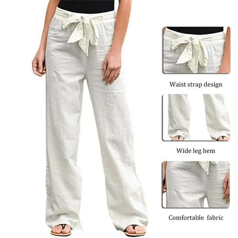 Summer Ready Solid Color Linen Full Length Pants With Belt