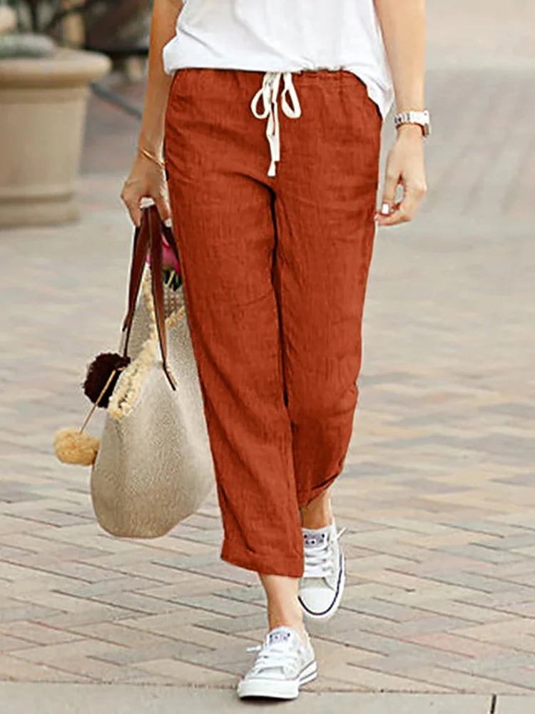 Causal Cropped Pants With Elastic Waist & Pockets