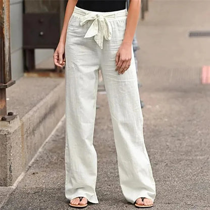 Summer Ready Solid Color Linen Full Length Pants With Belt