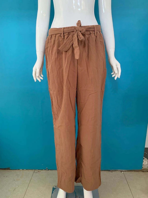 Summer Ready Solid Color Linen Full Length Pants With Belt