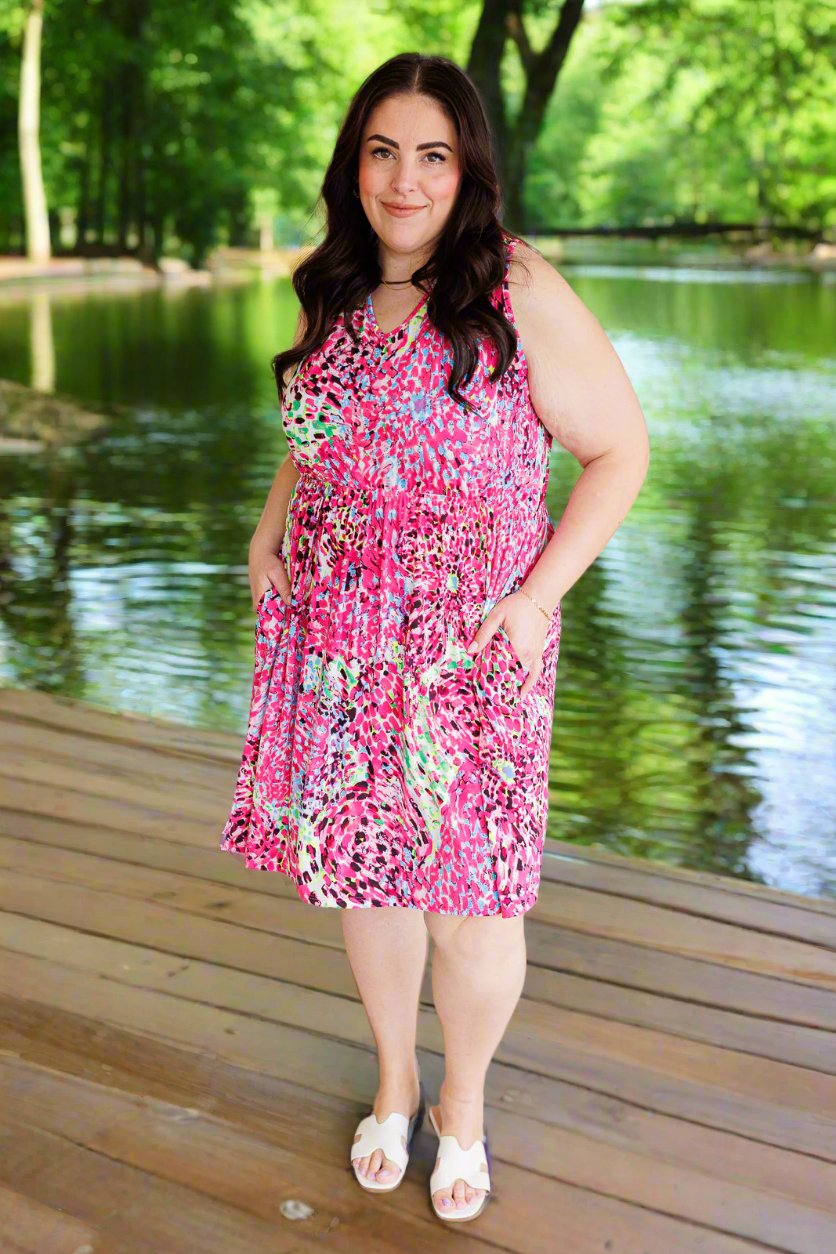 Bless Your Heart V-Neck Dress in Neon Fuchsia