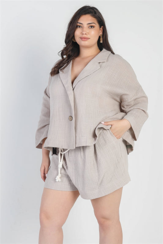 Lazy Day Grey Button-up Collared  Shorts Set