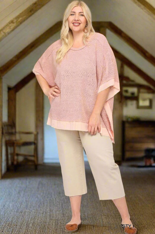 Experience the Light Knit and Woven Boxy Poncho Style Top