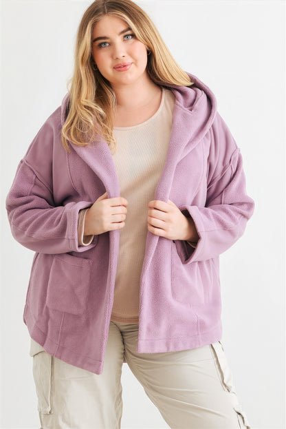 Plus Size Two Pocket Open Front Soft To Touch Hooded Cardigan Jacket