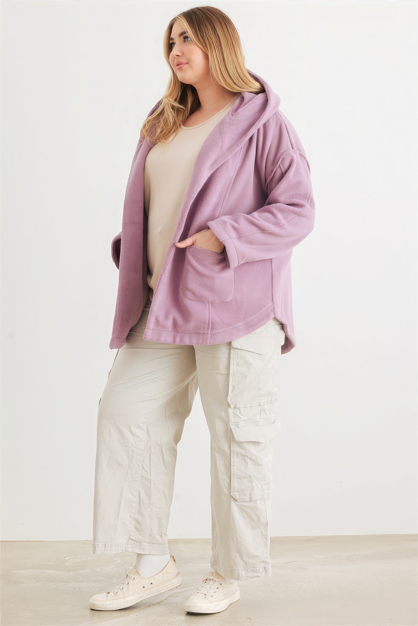 Plus Size Two Pocket Open Front Soft To Touch Hooded Cardigan Jacket