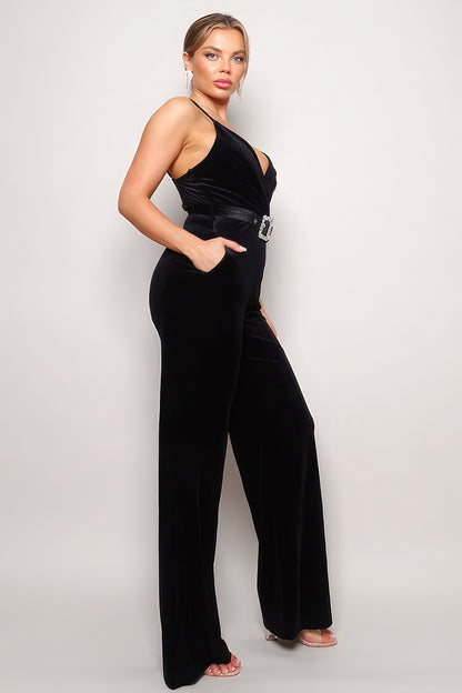 Timeless Fashion Never Ends in Our Rhinestone Belt Velvet Jumpsuit