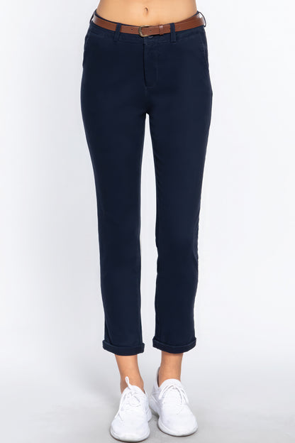 Cotton-Span Twill Belted Long Pants