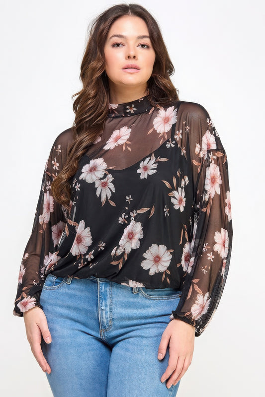 Mesh Floral Ls Top W/Cami