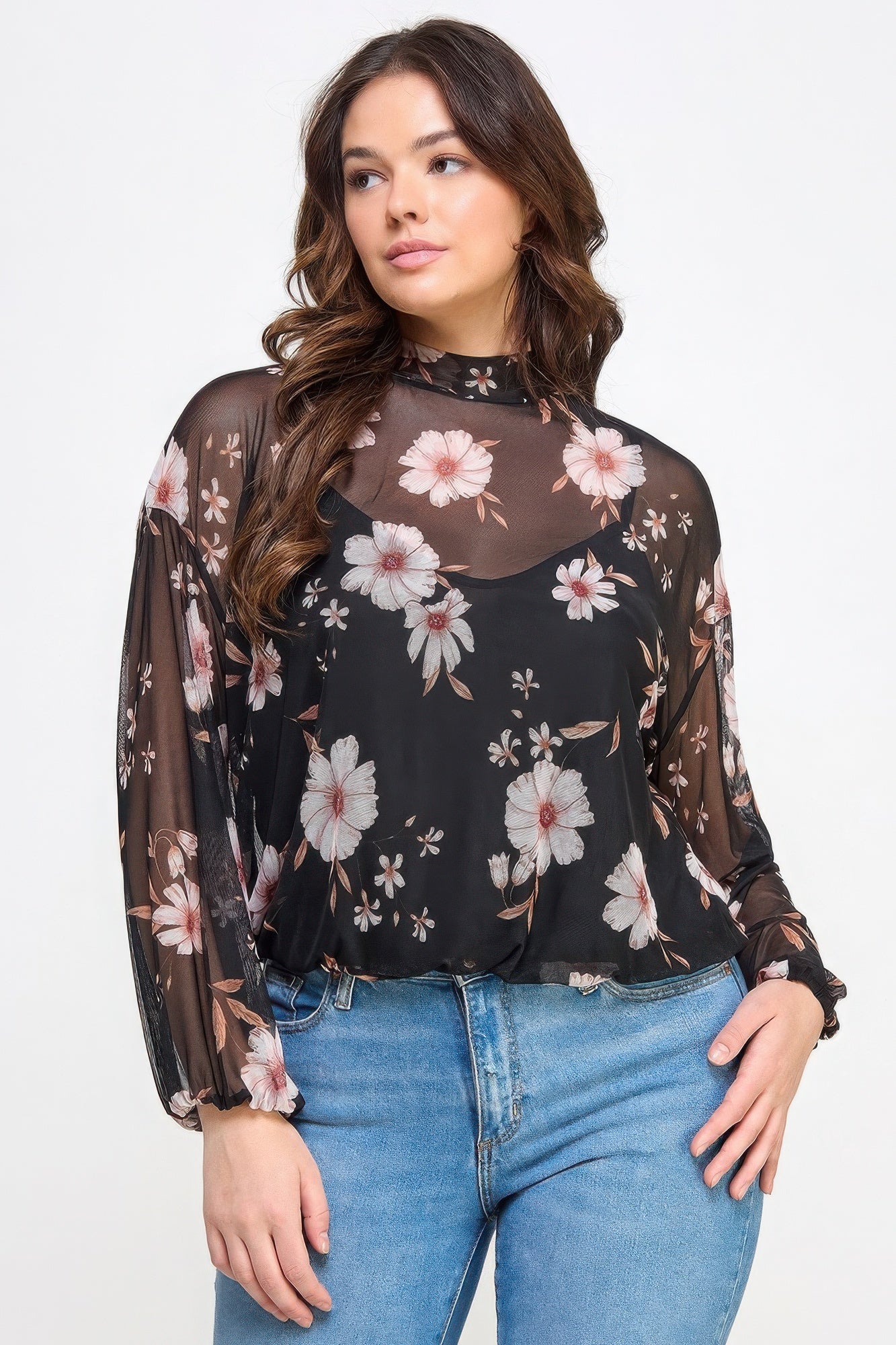 Mesh Floral Ls Top W/Cami