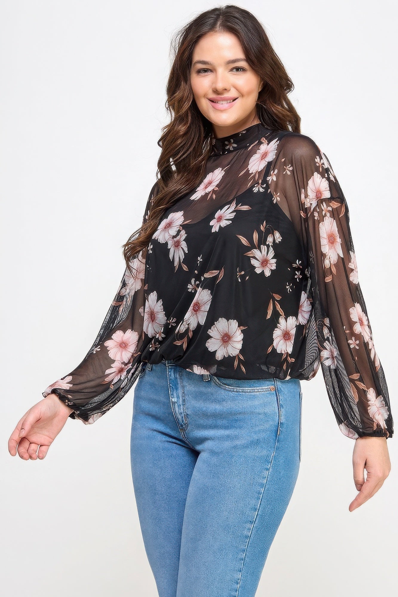 Mesh Floral Ls Top W/Cami