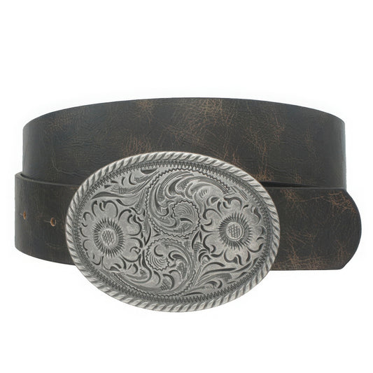 Flower Embossed Oval Buckle & Vintage Strap Belt