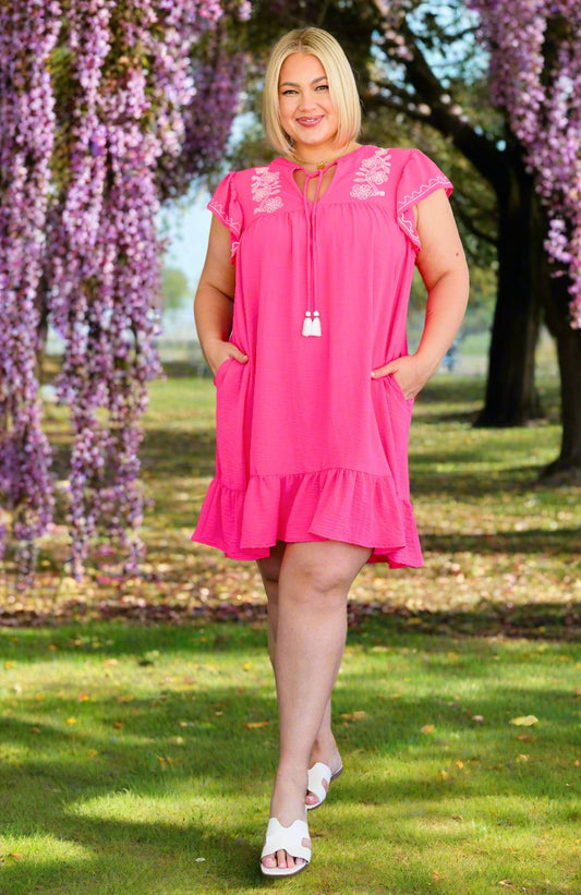 Carnival Flutter Sleeve Dress In Hot Pink