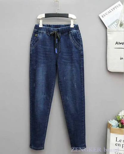 Draw String  Elastic Waist Frayed Hem Jeans