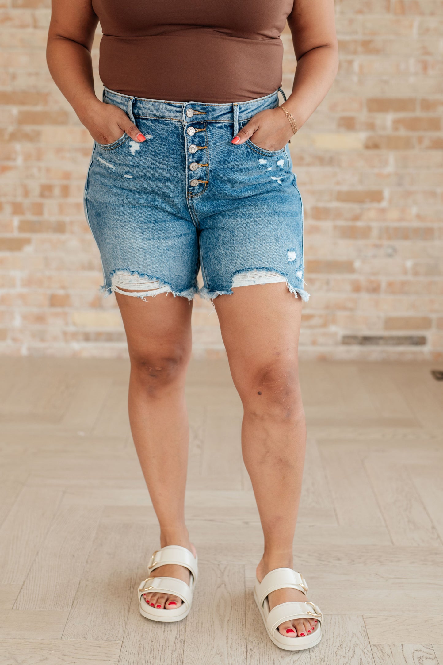 Kara High Rise Rigid Magic Button Fly Cutoff Shorts - Bee Creek Apparel