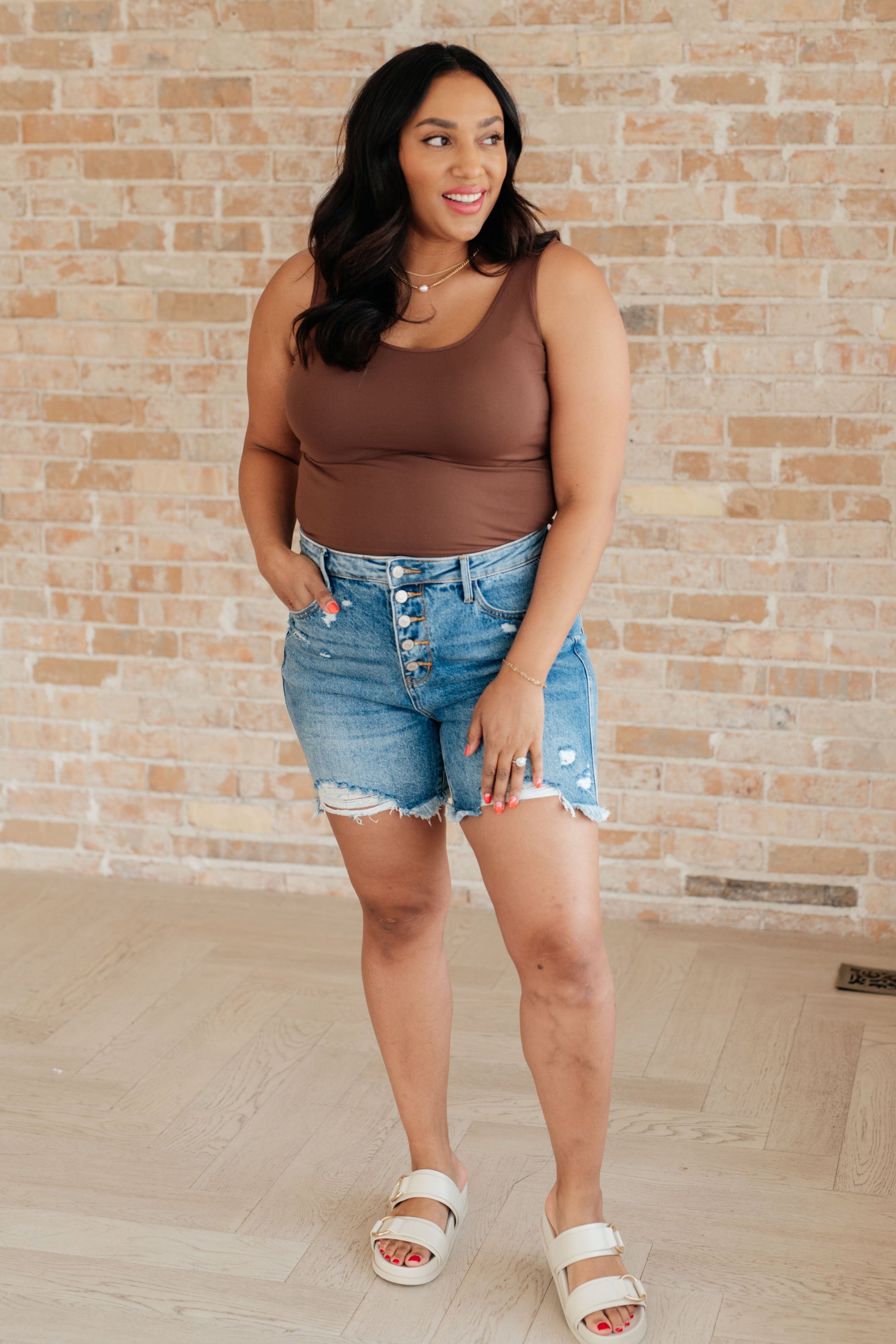 Kara High Rise Rigid Magic Button Fly Cutoff Shorts - Bee Creek Apparel