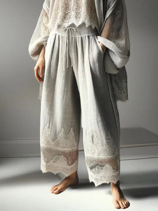 Bohemian Lace Patchwork Drawstring Pocket Wide-Leg Pants