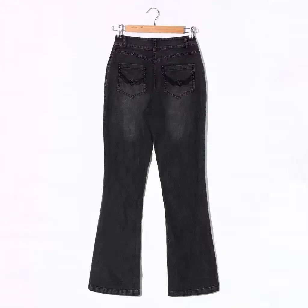 Vintage Flare Denim Low Waist  Spliced Pockets Jean